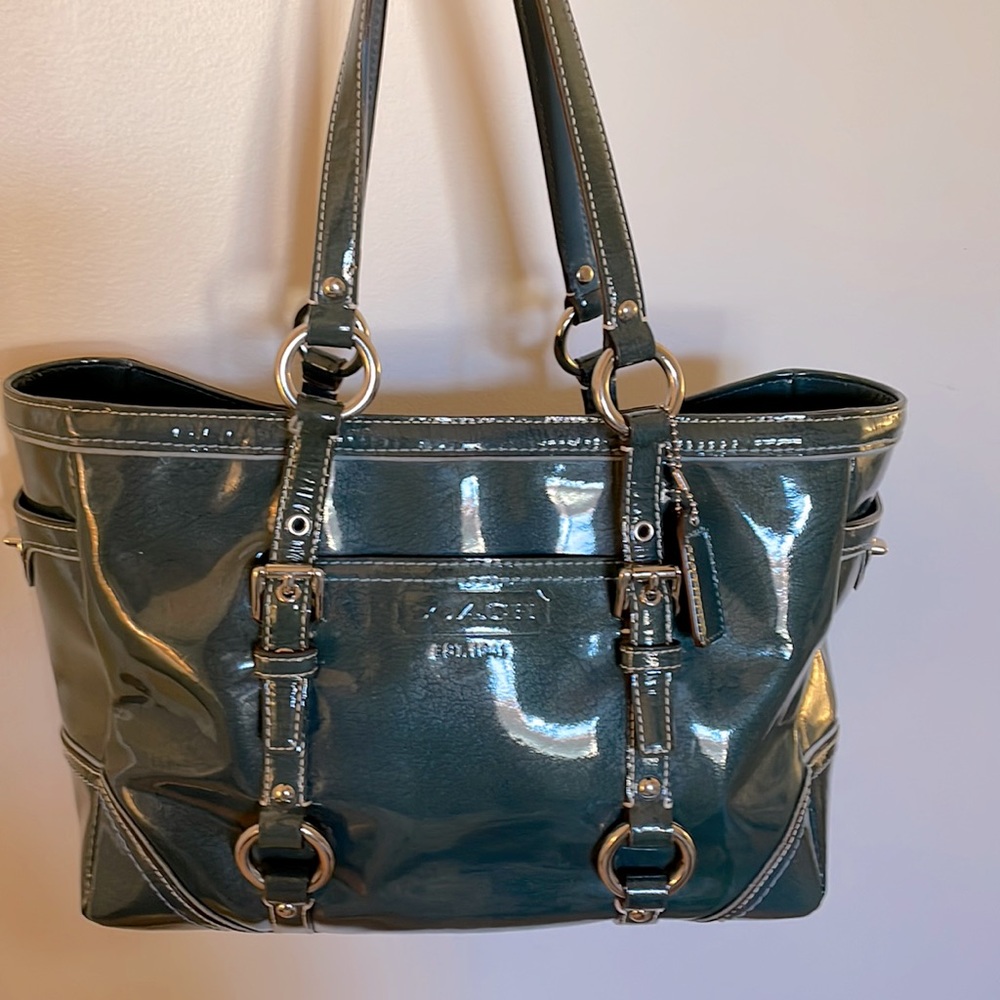 Coach bag, sexy, shiny, teal.